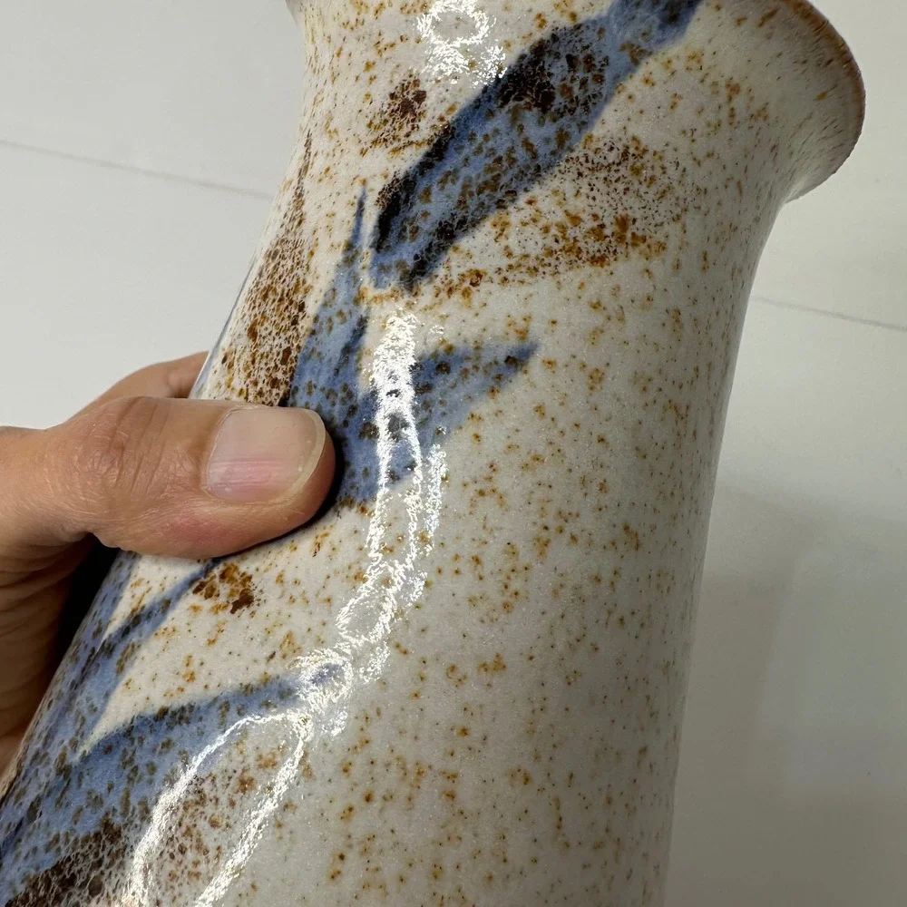 Studio Pottery Vase Signed Wings Pitcher Speckled Glaze Blue Floral Stoneware 6